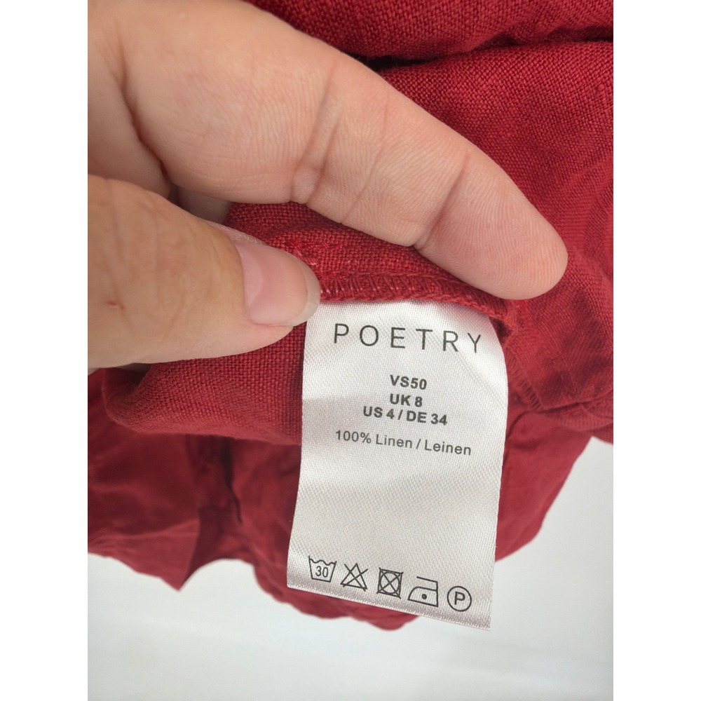 Poetry Red 100% Linen V-Neck Midi Dress 3/4 Sleeve Size US 4 UK 8 - Picture 4 of 6